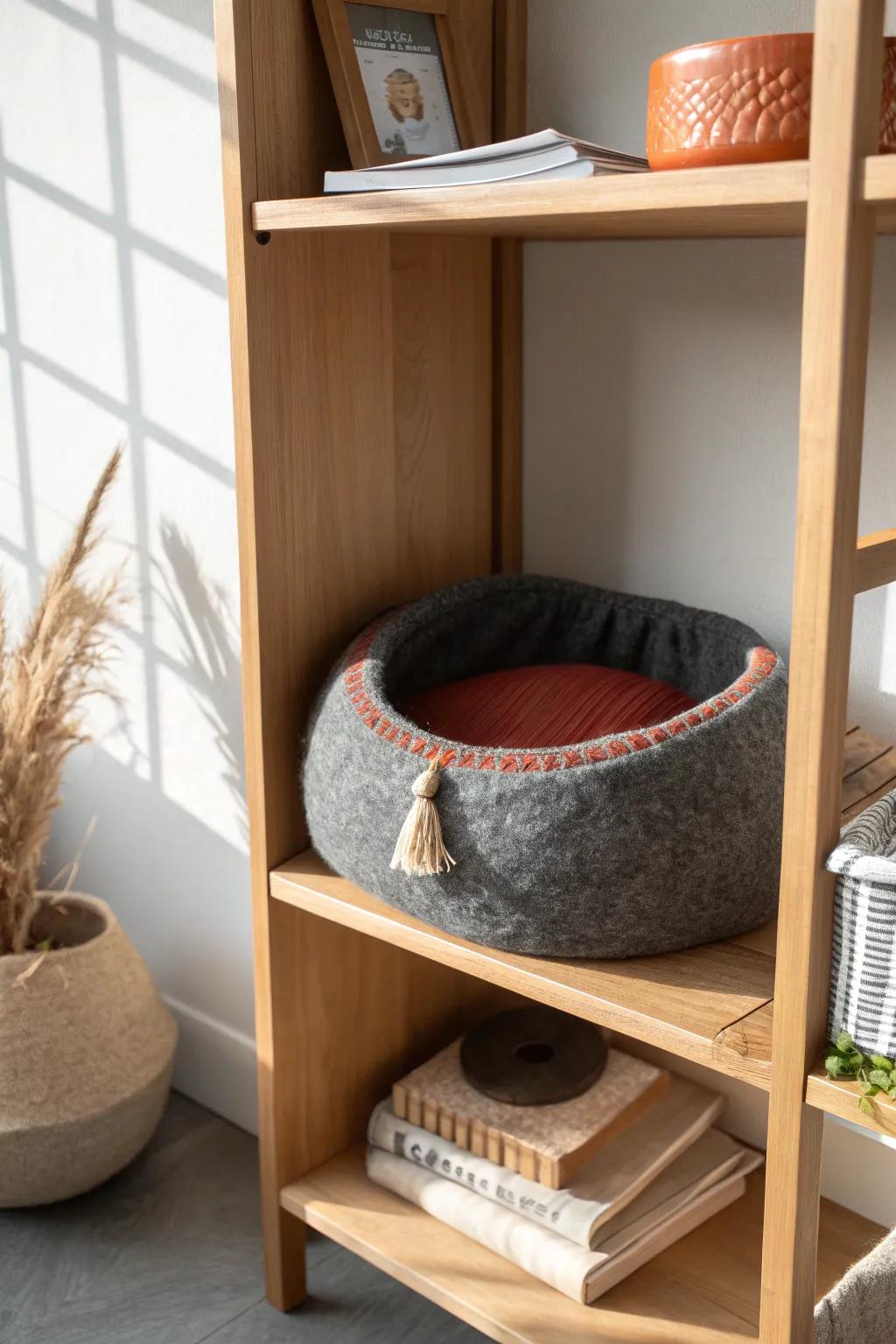 Elevate your cat’s bed onto a shelf—cozy lookout for them, clear floor space for you.