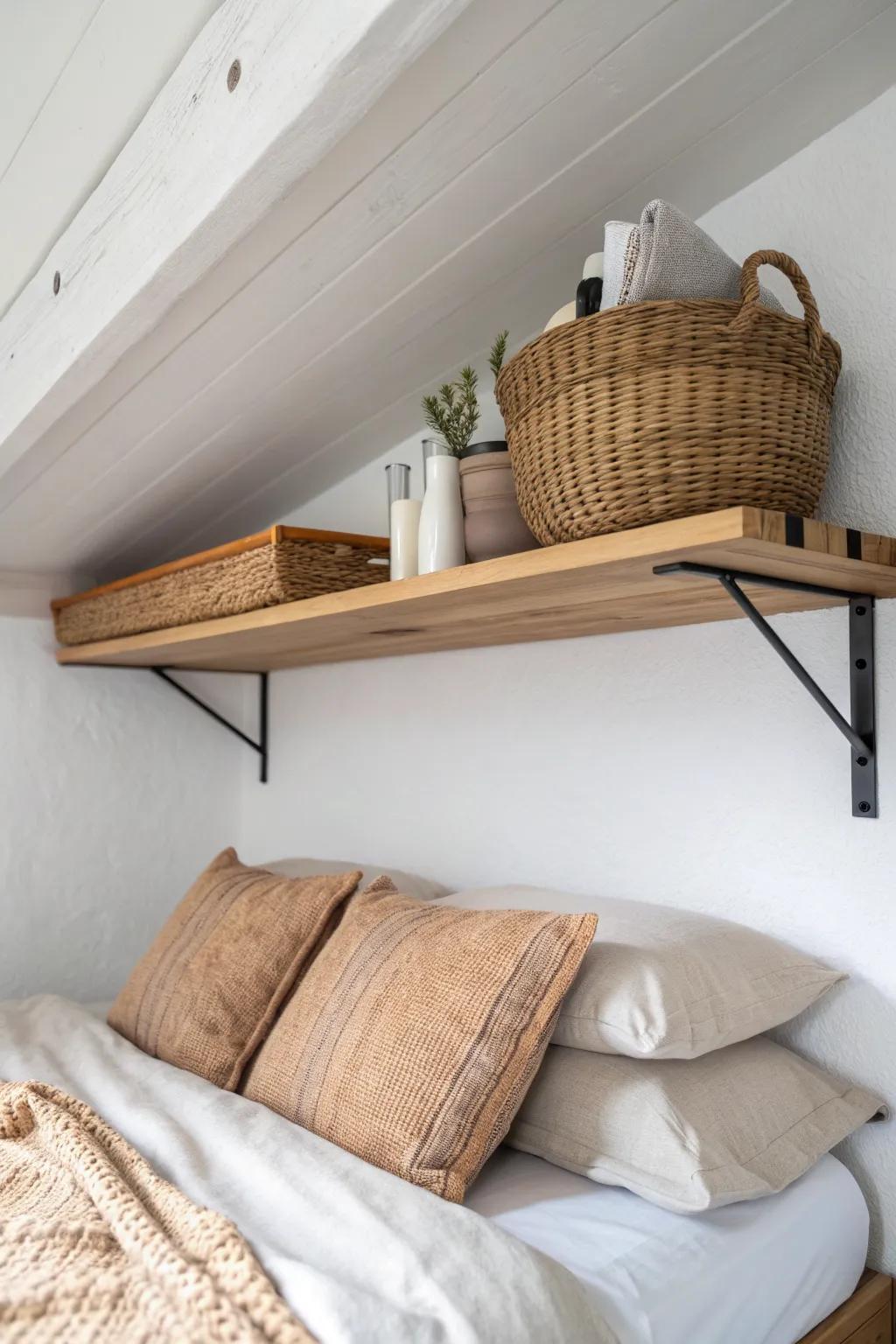 A slim ceiling shelf above the bed keeps baskets and linens close—custom storage for tiny nooks.