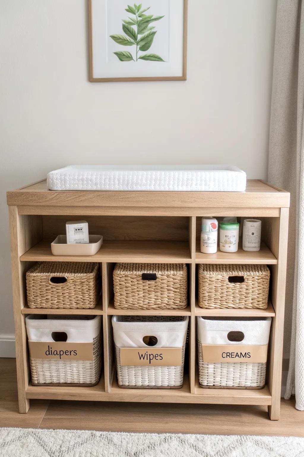Bookshelf base + labeled baskets: a small-space changing station that keeps essentials within reach.