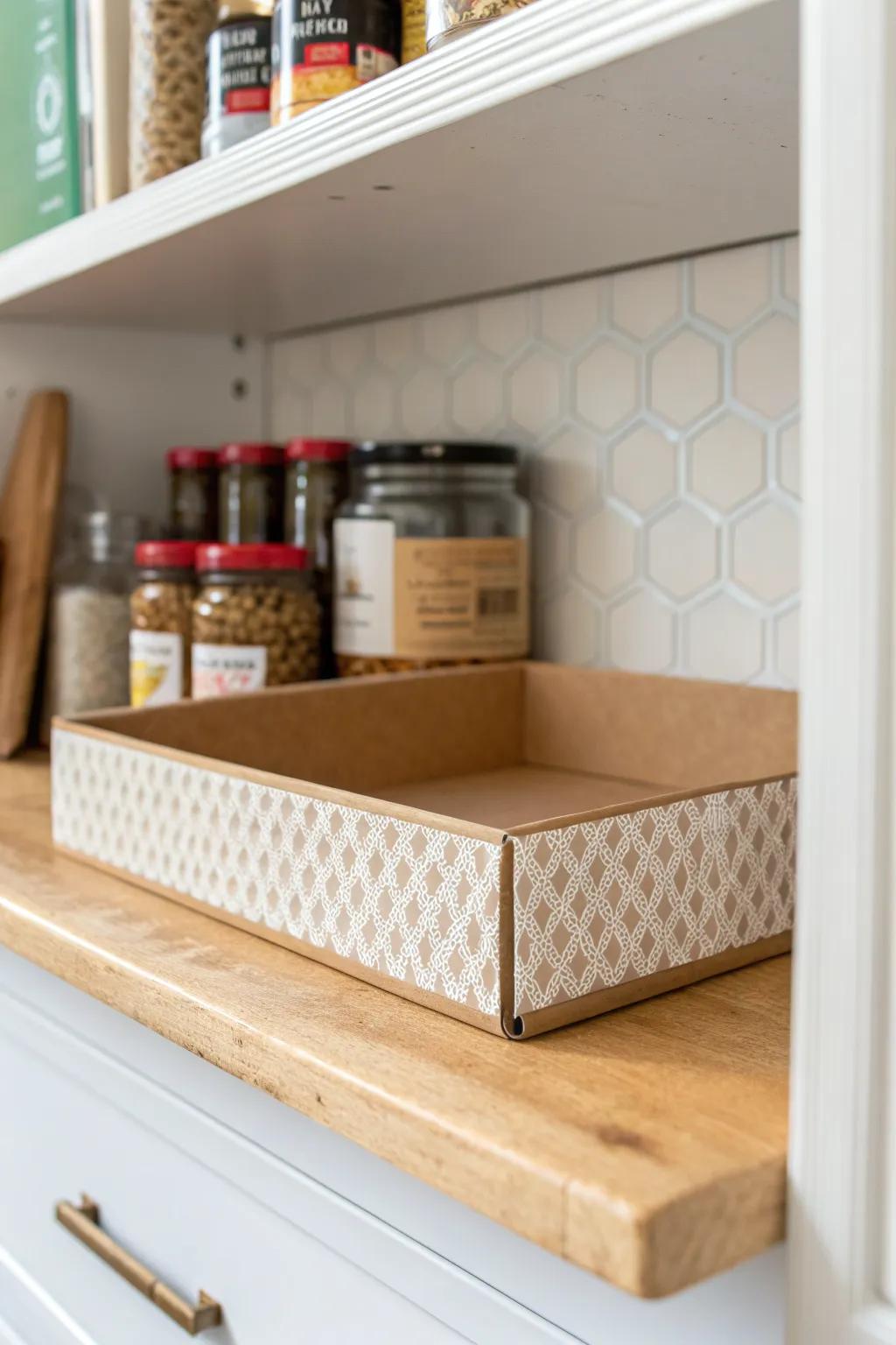 DIY cardboard shelf riser with contact paper—double cabinet space fast for almost nothing.