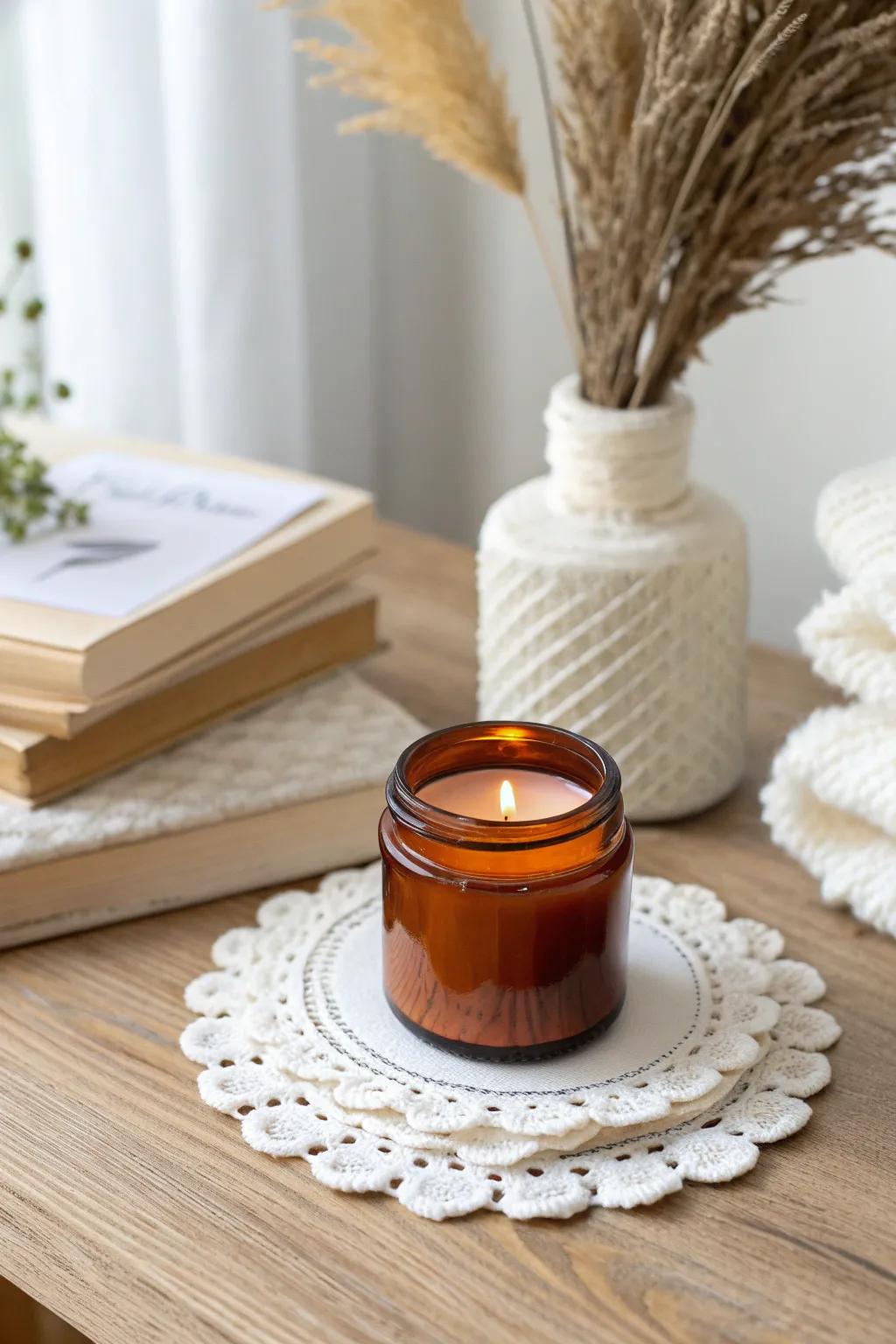 Layer paper doilies under a candle for a five-minute, budget-friendly table décor upgrade.