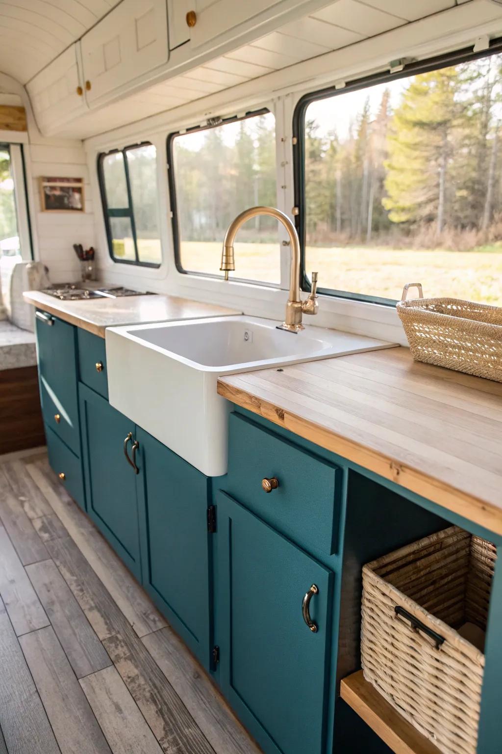 A slim bus-galley kitchen proves tiny conversions can feel airy, bold, and beautifully budget-friendly.
