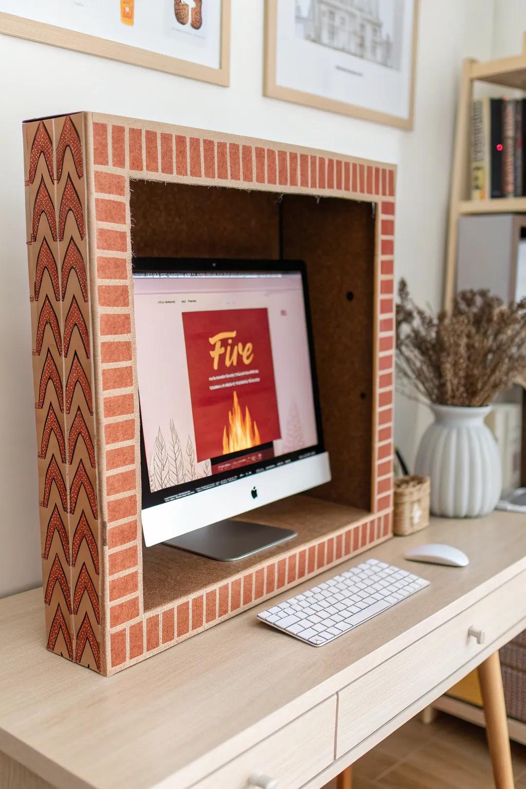DIY cardboard fireplace around your screen—instant cozy Christmas cubicle glow in minutes.