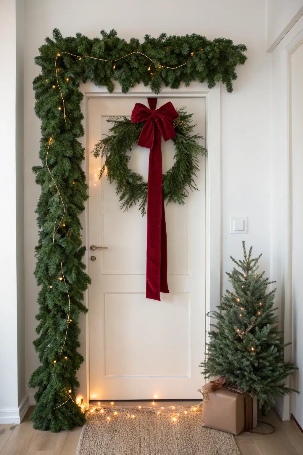 A simple evergreen garland turns a plain hallway doorway into a festive holiday moment.