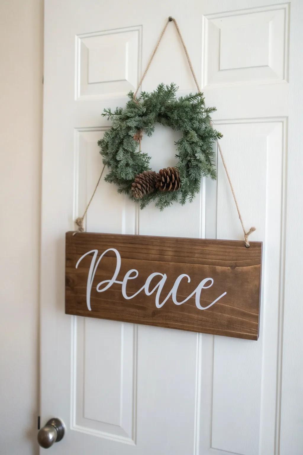 Embrace the serene beauty of the season with this charming wreath and sign combo.