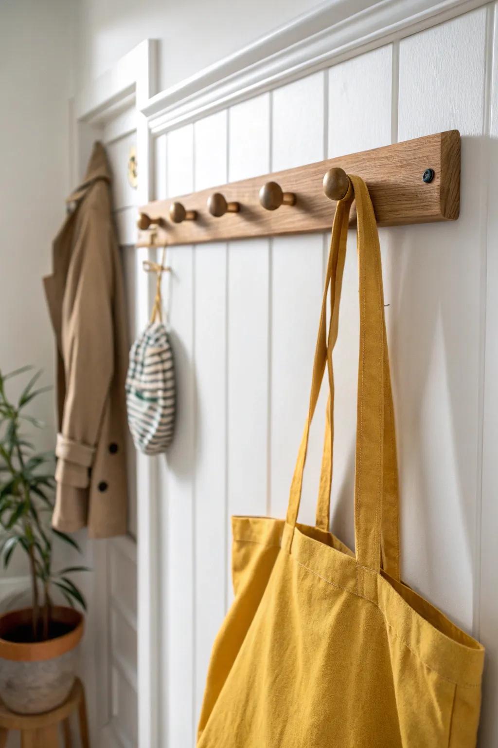 Turn wall space into storage with a chic peg rail—calm, feminine, and clutter-free.