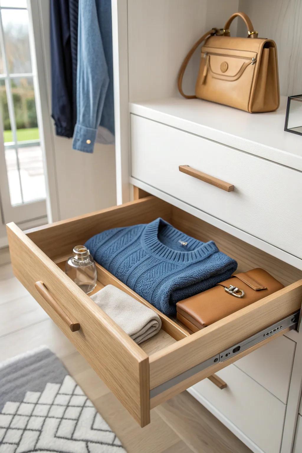 Pull-out closet trays keep sweaters and handbags within reach—no more digging in deep shelves.