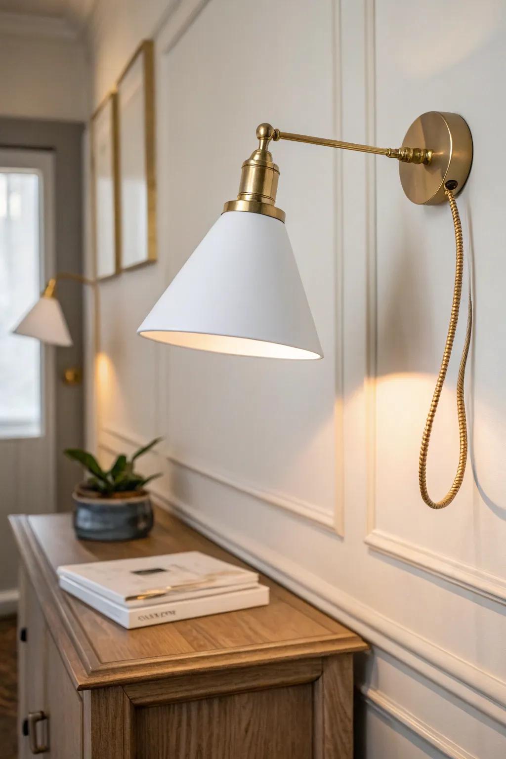 Swap the bulky lamp for a slim wall sconce—instant task glow without losing desk space.