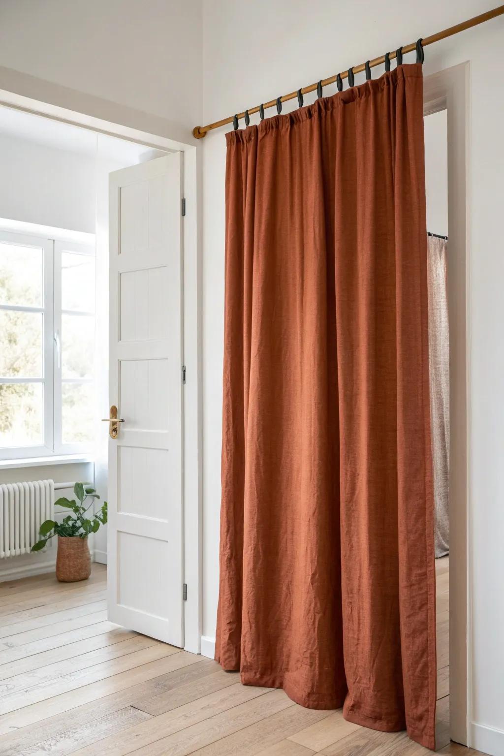 Swap bulky doors for a linen curtain—soft, space-saving, and easy to slide aside.