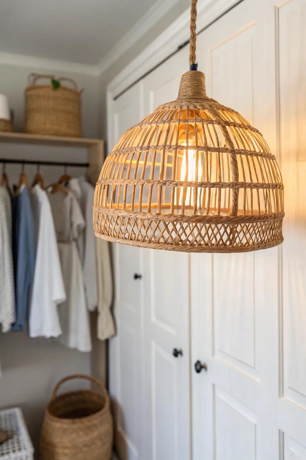 Warm, layered closet lighting: a soft woven glow that makes late-night changes feel cozy.
