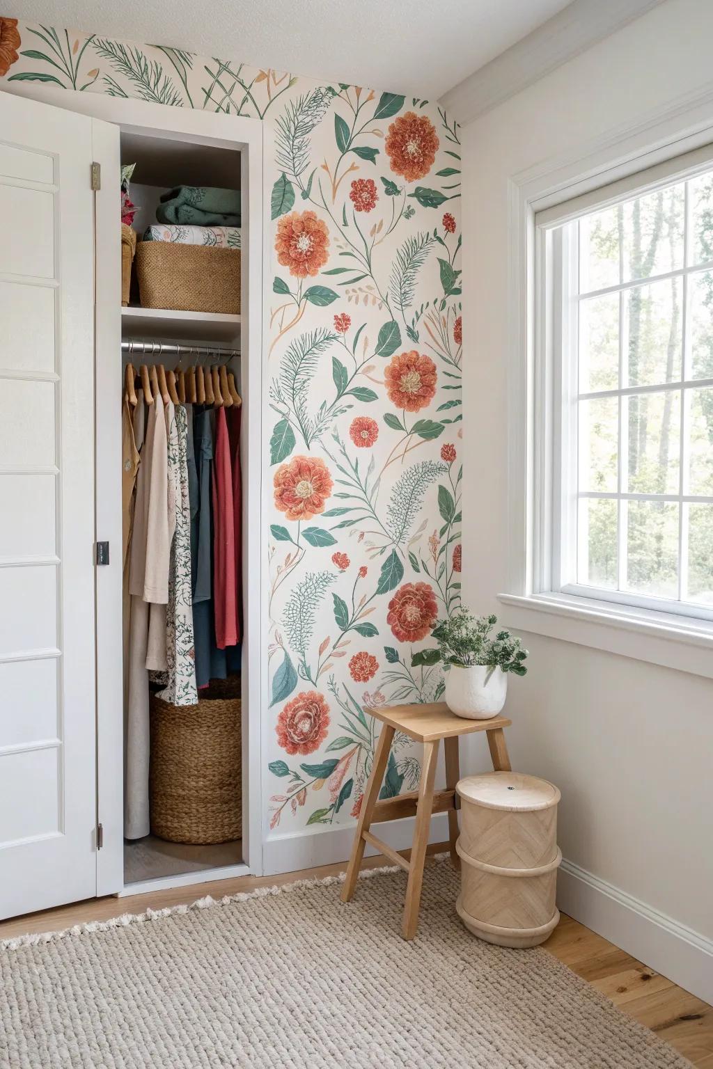 Bold removable wallpaper transforms a tiny closet office into an instant wow moment.