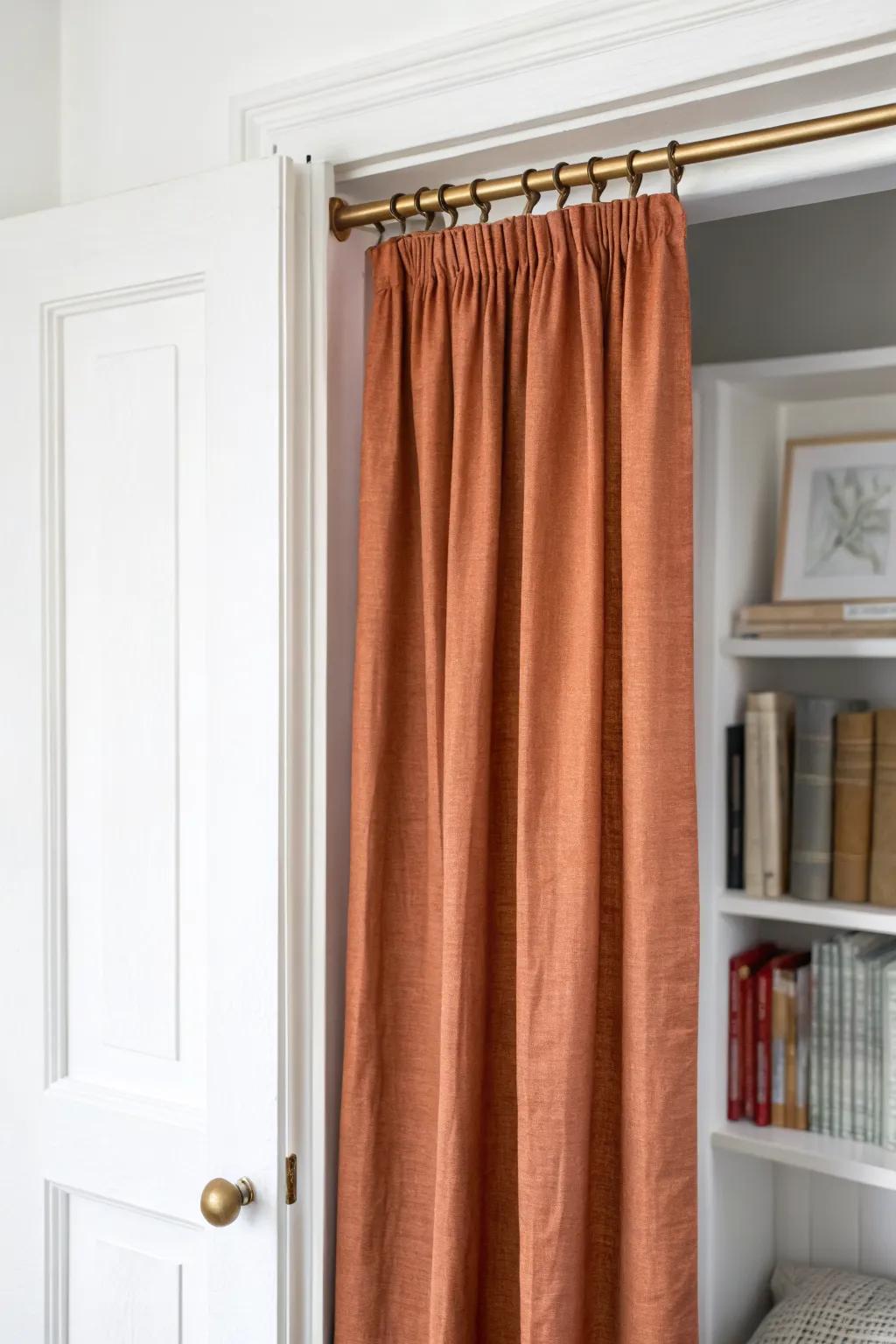 A linen curtain on a tension rod instantly turns a closet nook into a cozy private escape.