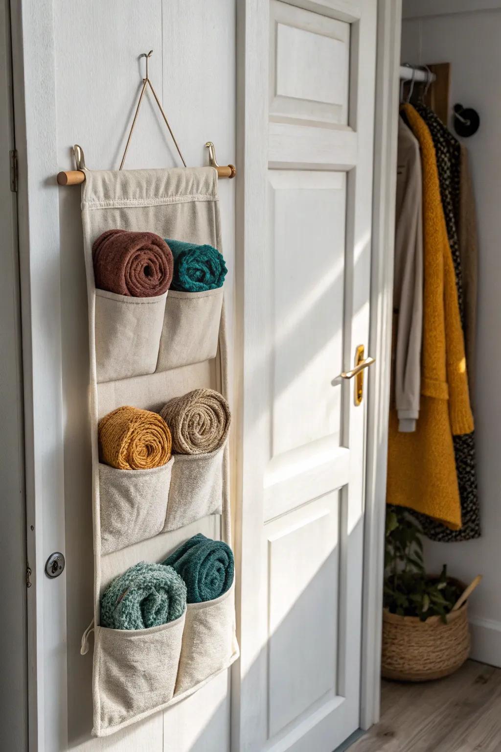 Turn your coat closet door into accessory storage with a chic over-the-door organizer.