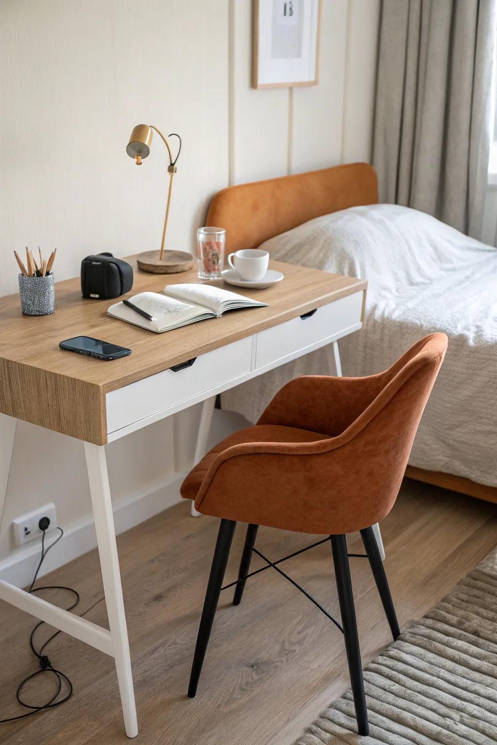 A space-smart desk beside the bed keeps cords simple and creates a focused study corner.