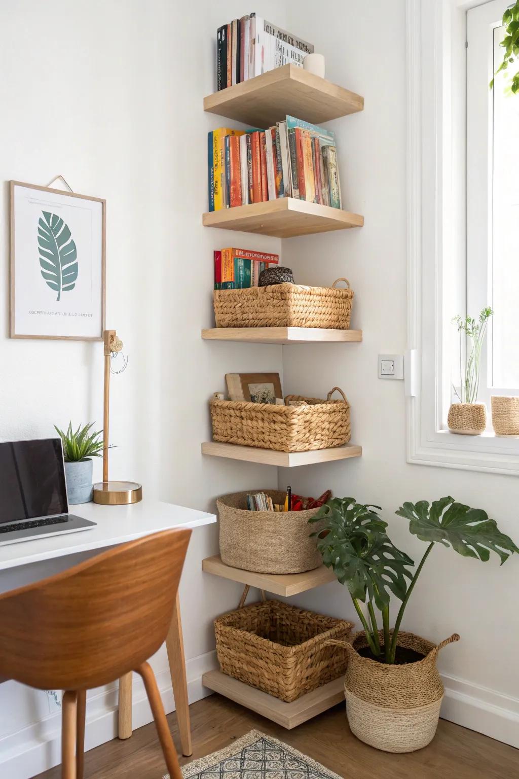 Go vertical: floating shelves keep your desk clear while books, baskets, and a plant add style.