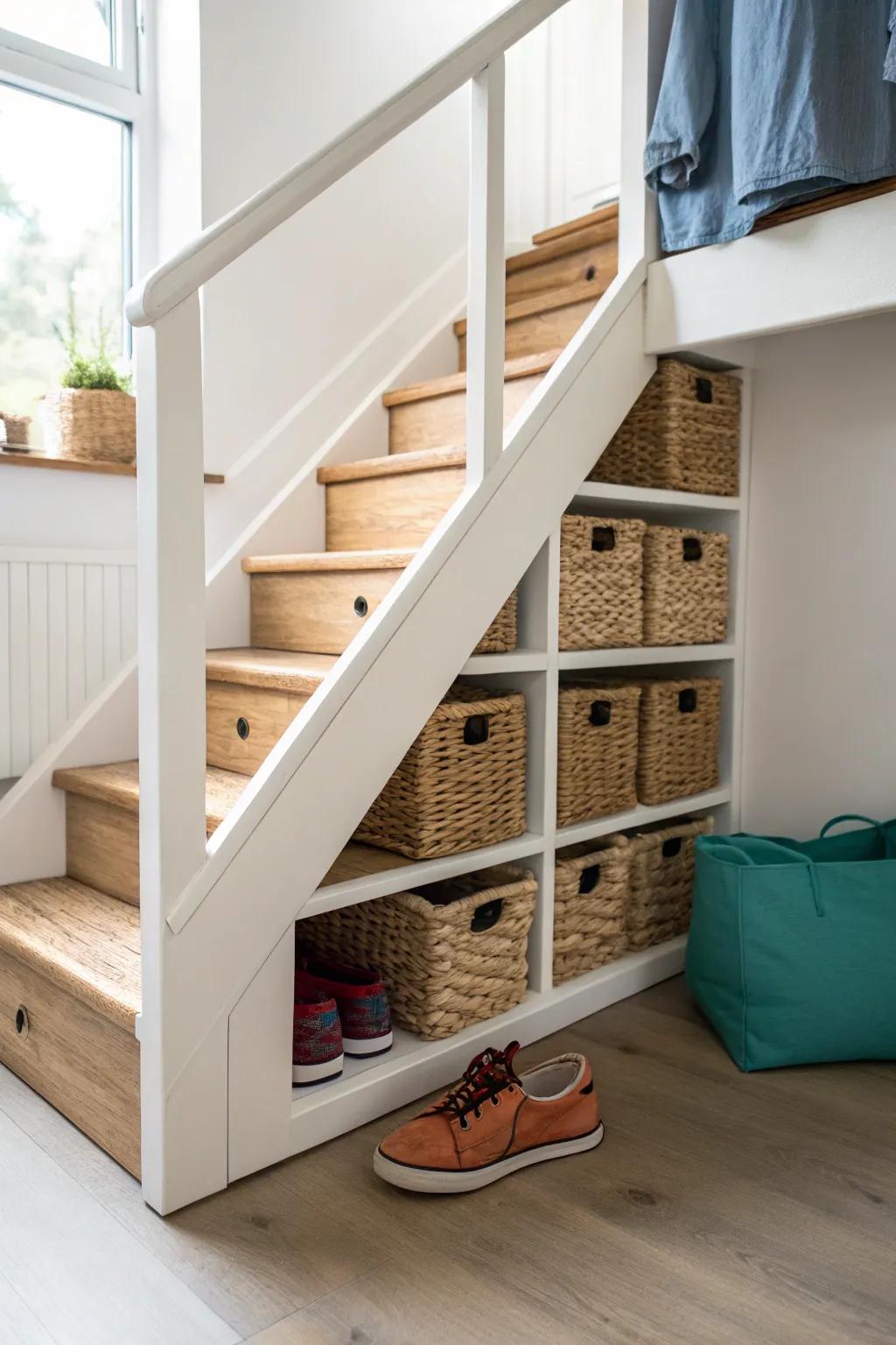 Stair-step cubbies that climb to your loft—storage and style in one tiny dorm footprint.