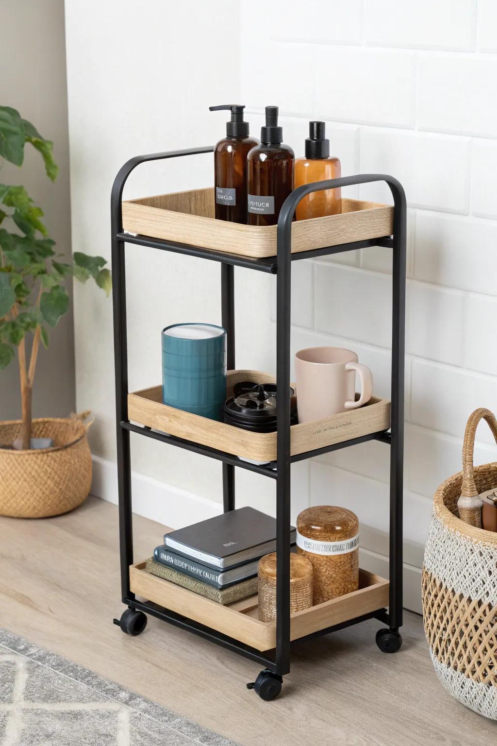 A slim rolling cart that tucks into any dorm corner—perfect for skincare, coffee, or class supplies.