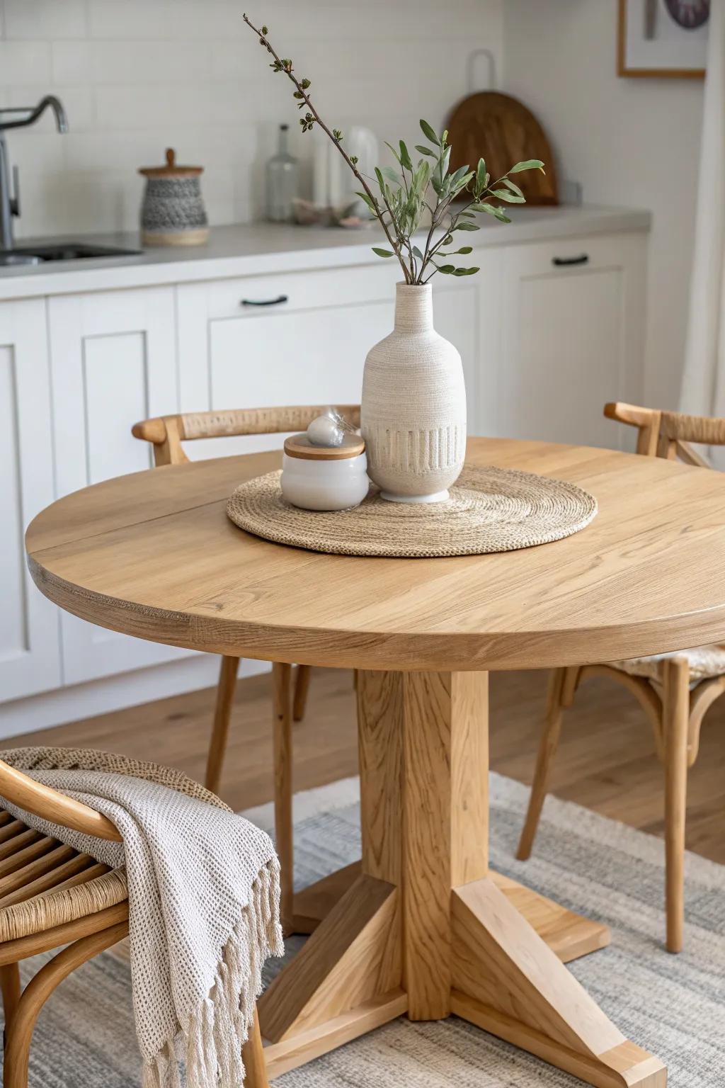 Round tables make tiny kitchen-dining combos feel open—no corners, more seats, easy flow.