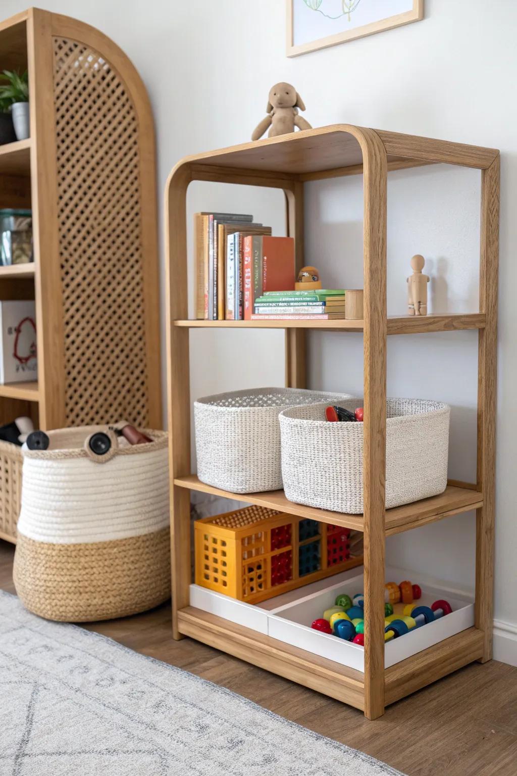 Toy rotation shelf magic: fewer toys out, more calm—perfect for a tiny office-playroom combo.