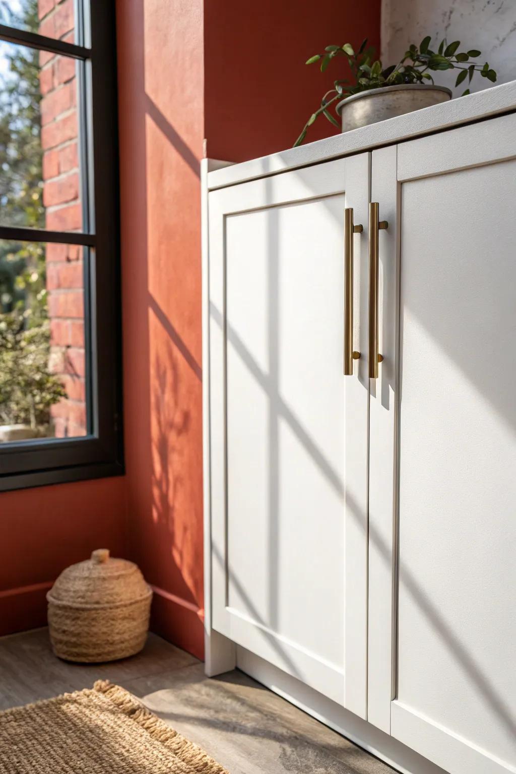 Flat-front cabinets + slim brass pulls: the calm, minimal upgrade that makes condo kitchens feel bigger.