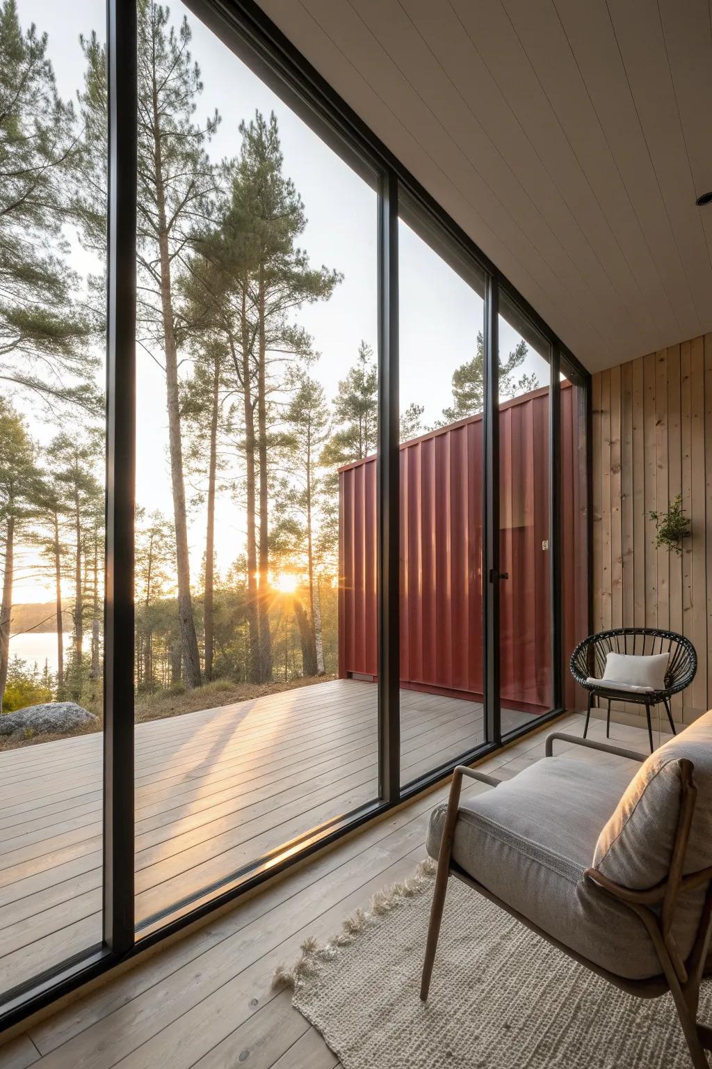 Steal this idea: a floor‑to‑ceiling glass wall that turns a container home into pure light.