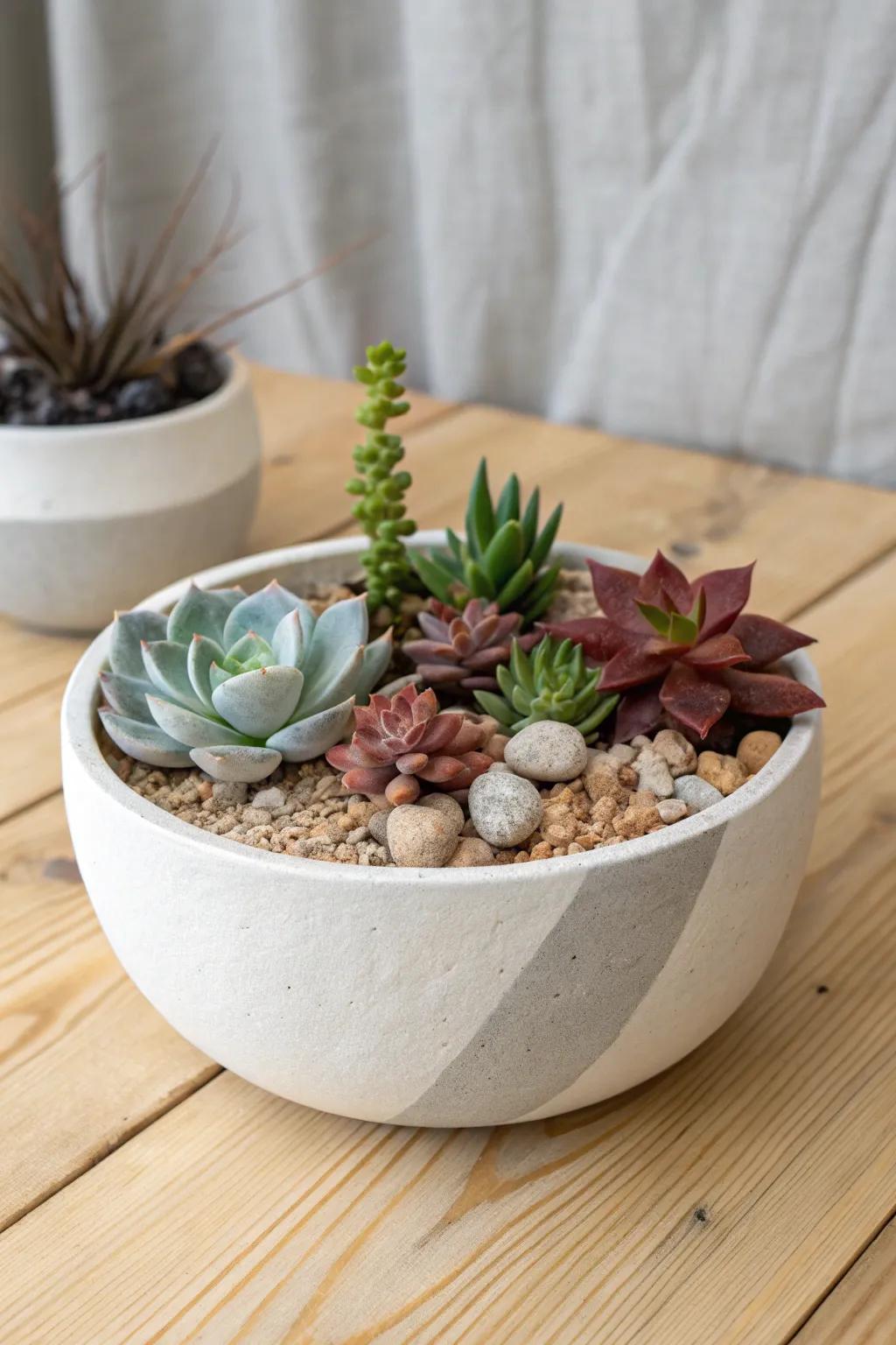 Color-blocked succulents in a minimalist bowl planter—cool vs warm tones with crisp stone chips.