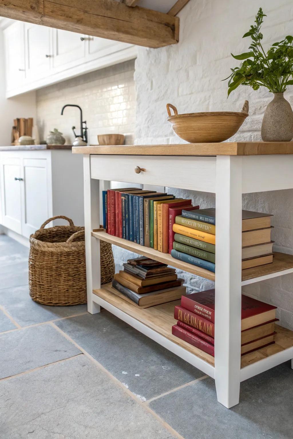 Under-island open shelves turn cookbooks into a chic mini kitchen library—small-space magic.
