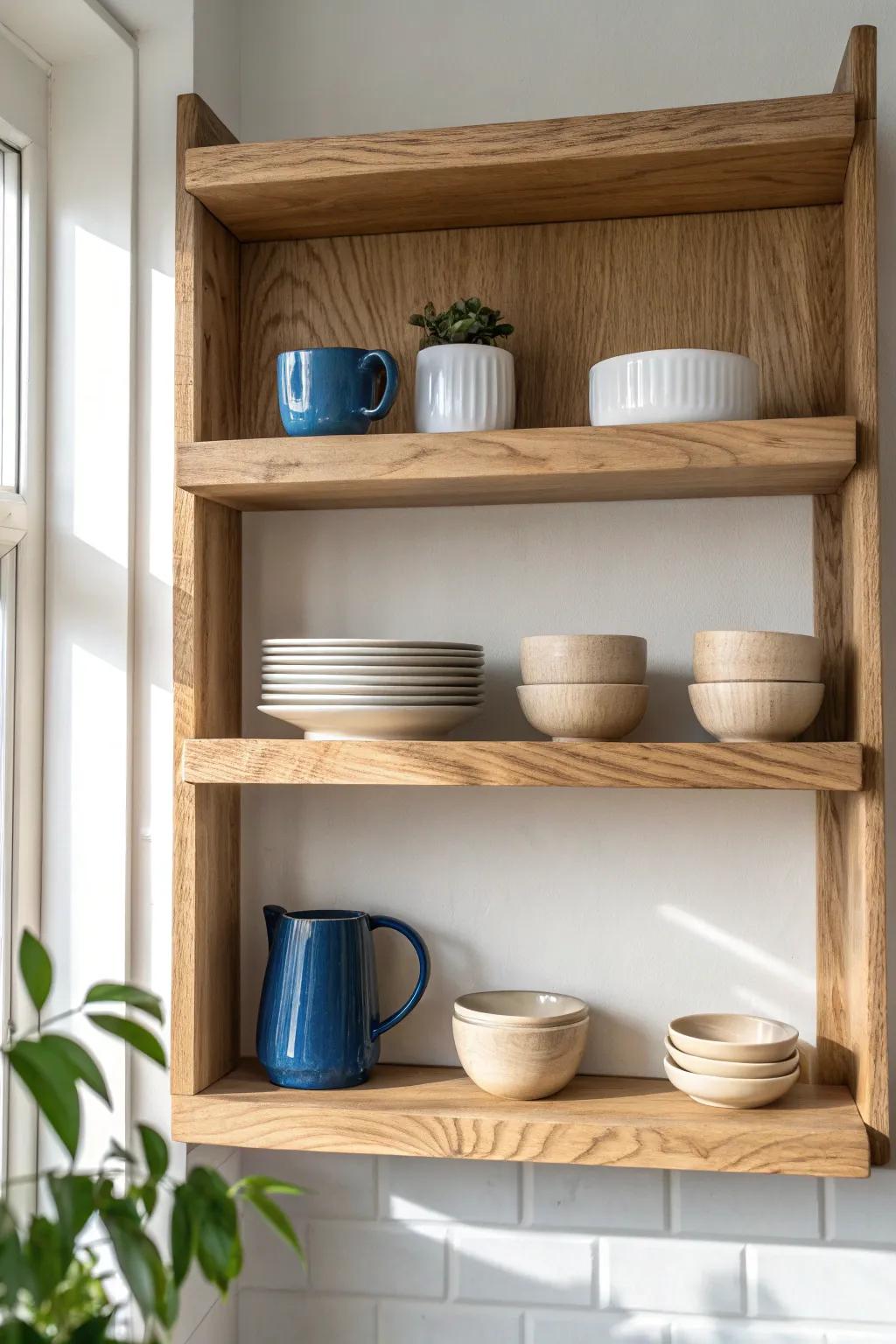 Open shelf styling: simple ceramics in calm neutrals with one bold pop for instant polish.