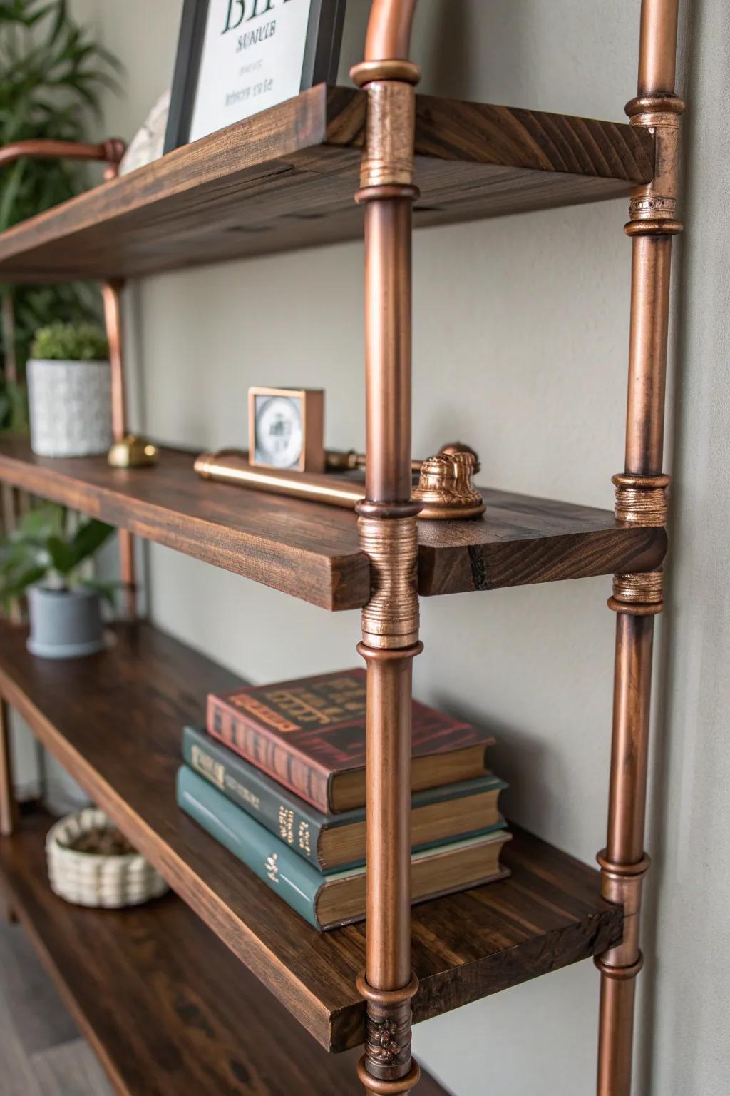 Elevate your space with the perfect blend of rustic charm and modern elegance: copper pipe shelves.