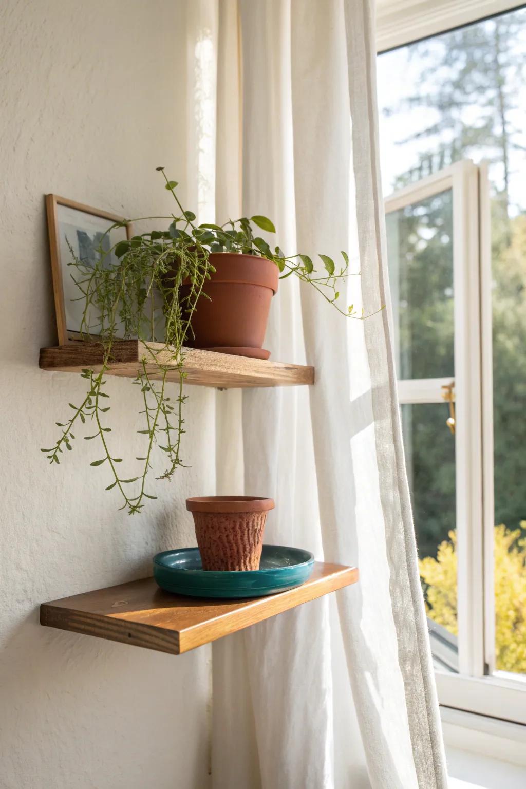 A tiny corbel plant ledge by the window—sunny, minimal, and protected with a chic tray.