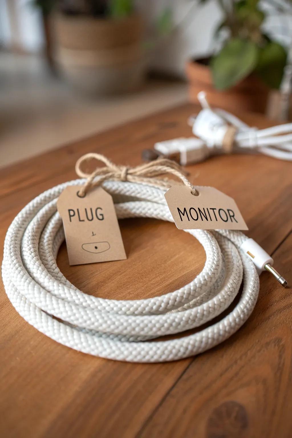 Label both ends of every cord—no more unplugging the wrong device during desk resets.