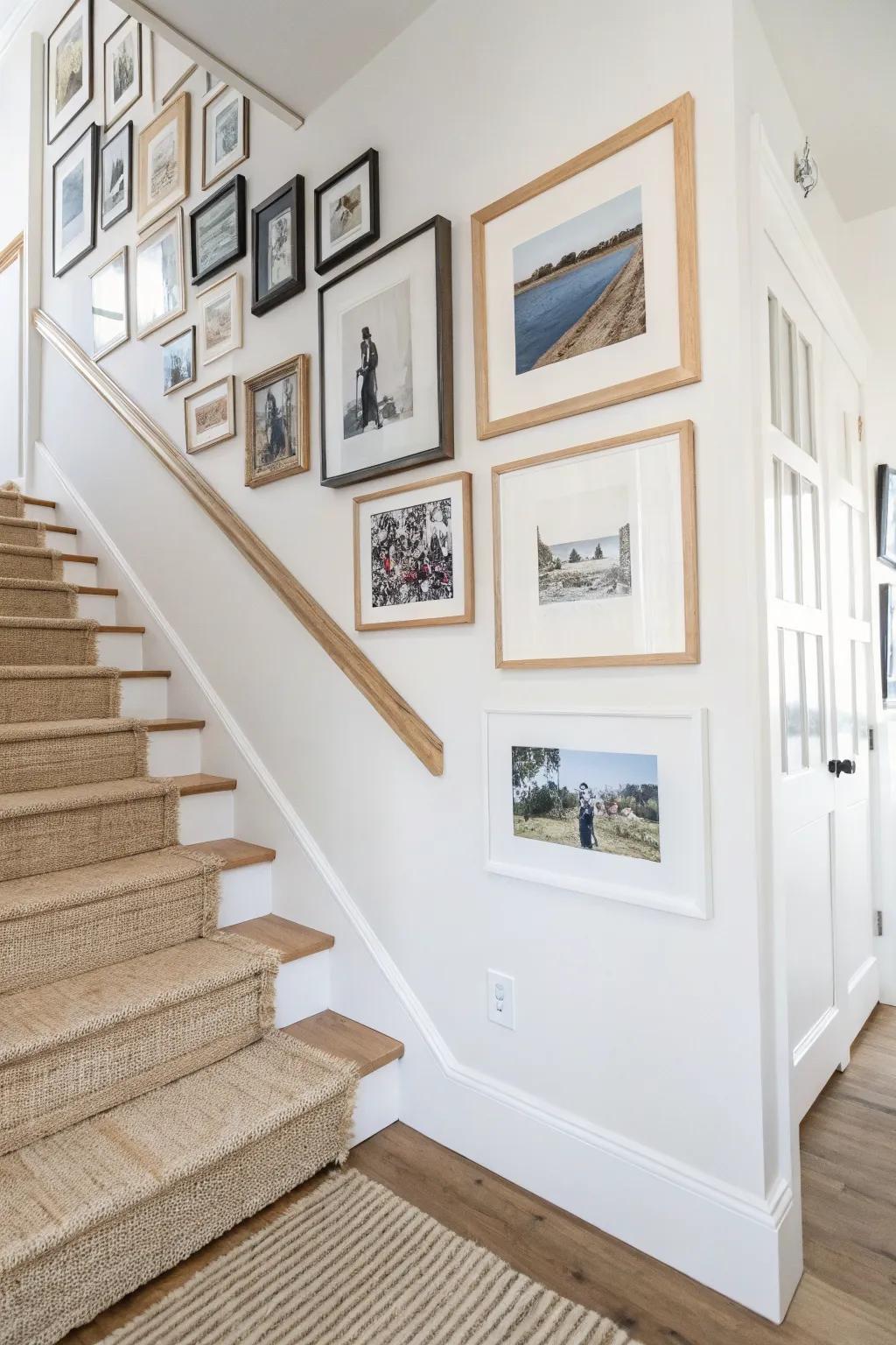 Stair landing corner gallery wall: wrap-around frames with clean spacing and one bold art pop.