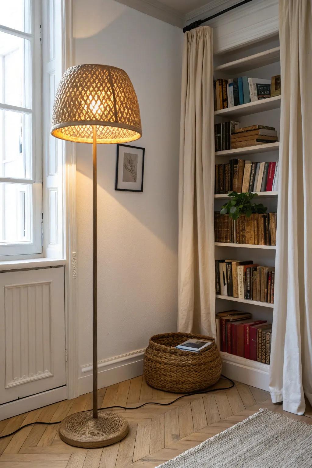 Warm corner lighting: a slim floor lamp that turns your corner library into a cozy nook.
