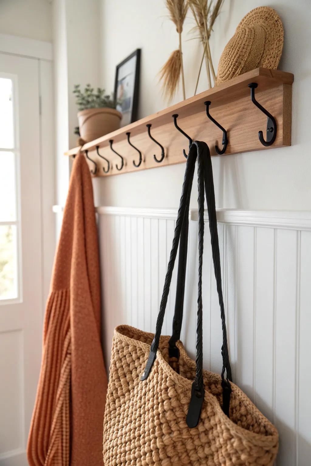 Two-height corner hooks: kid-friendly hanging without clutter—minimal, warm, and beautifully bold.