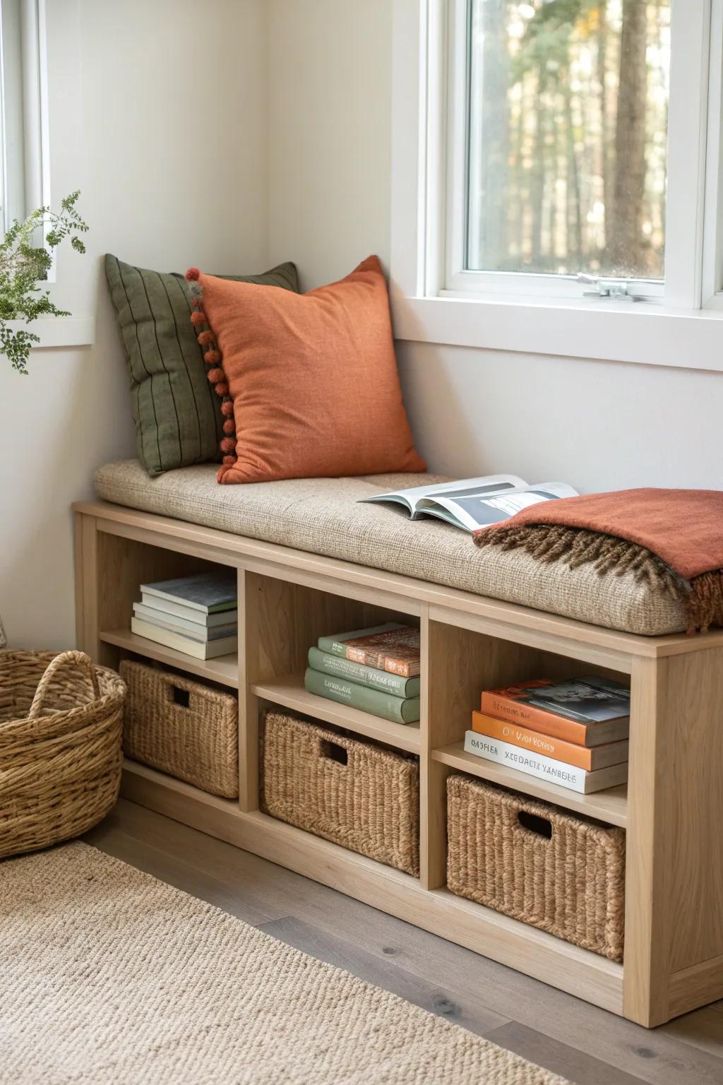 Built-in corner bench with cubby storage—cozy, minimal, and made for tiny spaces.