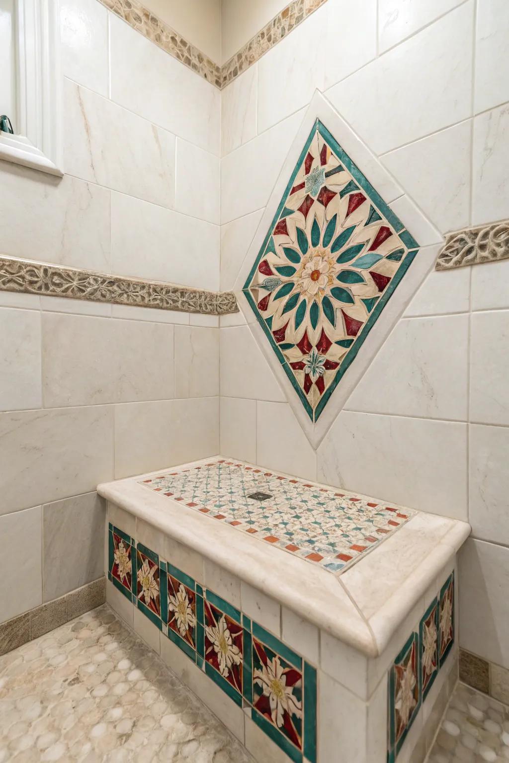 A bold mosaic-faced corner bench adds instant wow while keeping the shower walls calm.