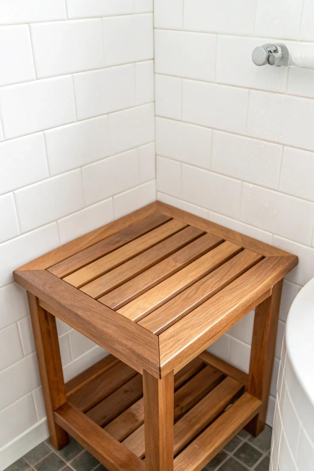 Spa-like corner shower bench in warm teak—comfort for shaving and storage in small spaces.