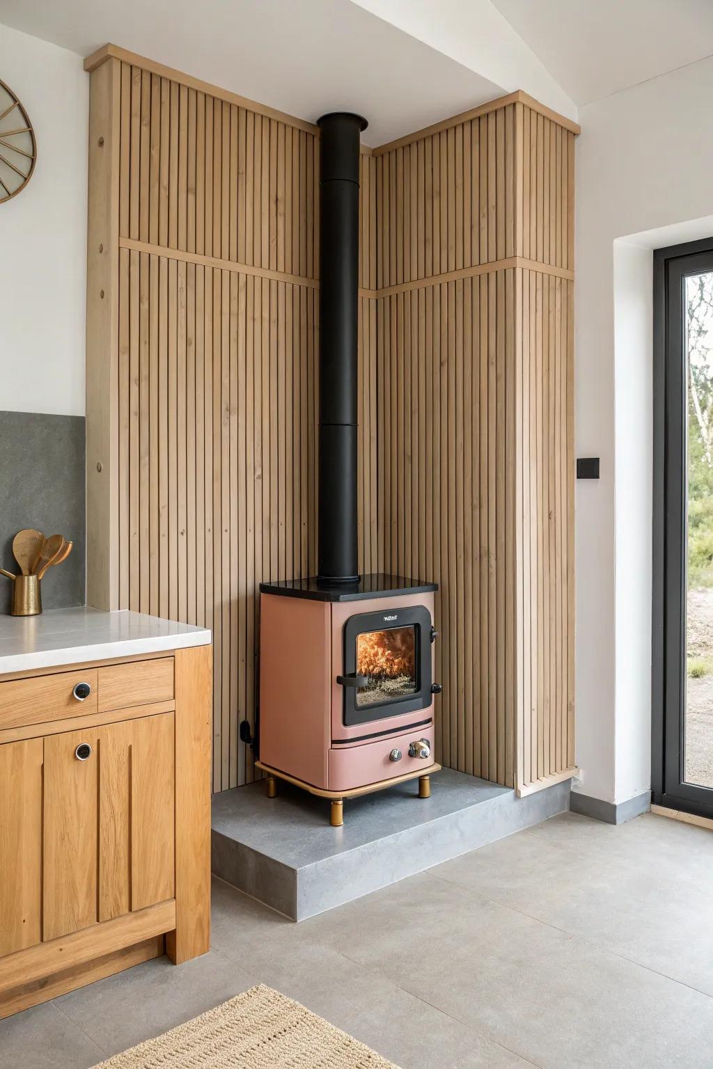 Frame your corner stove with matching slat panels for a built-in, architectural look.