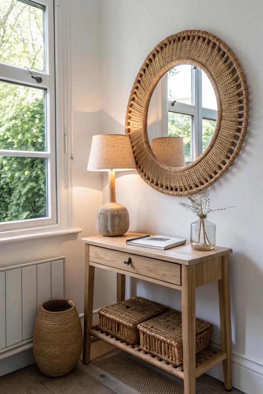 Hang a mirror above your corner table to bounce lamp glow and instantly brighten the space.