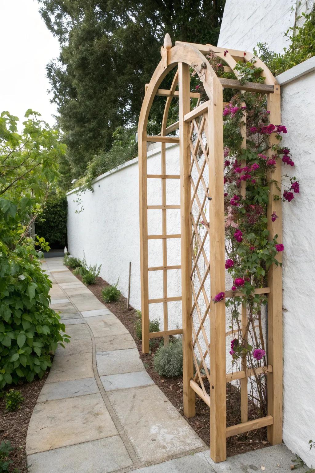 An arched corner trellis turns a sharp path turn into a charming, intentional entryway.