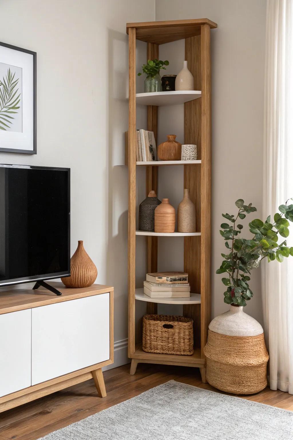 Corner TV + open shelves: repeat terracotta and cream accents to soften the black screen.