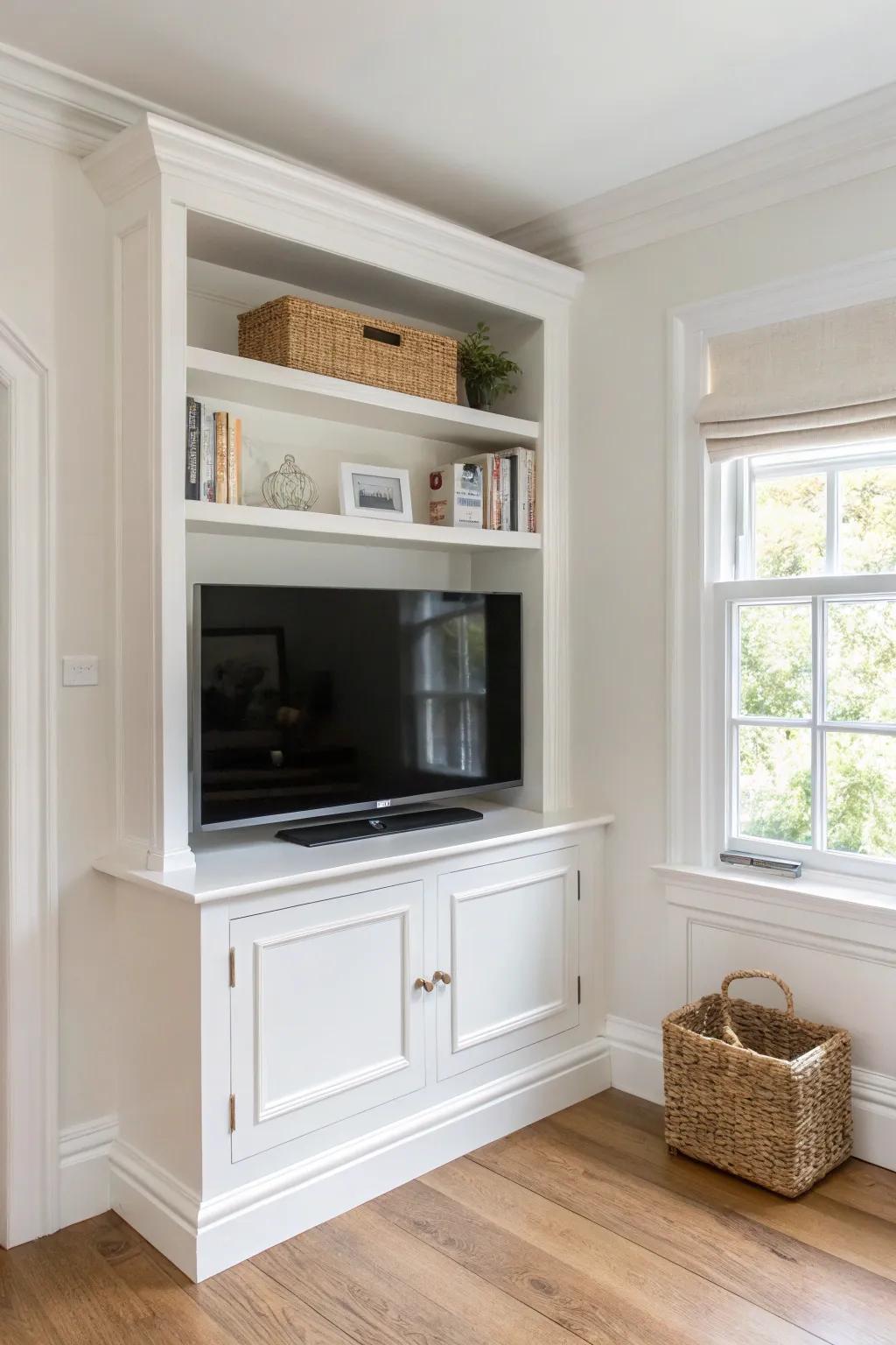 Fake a custom built-in: add crisp trim to a corner TV shelf for an instant upgrade.