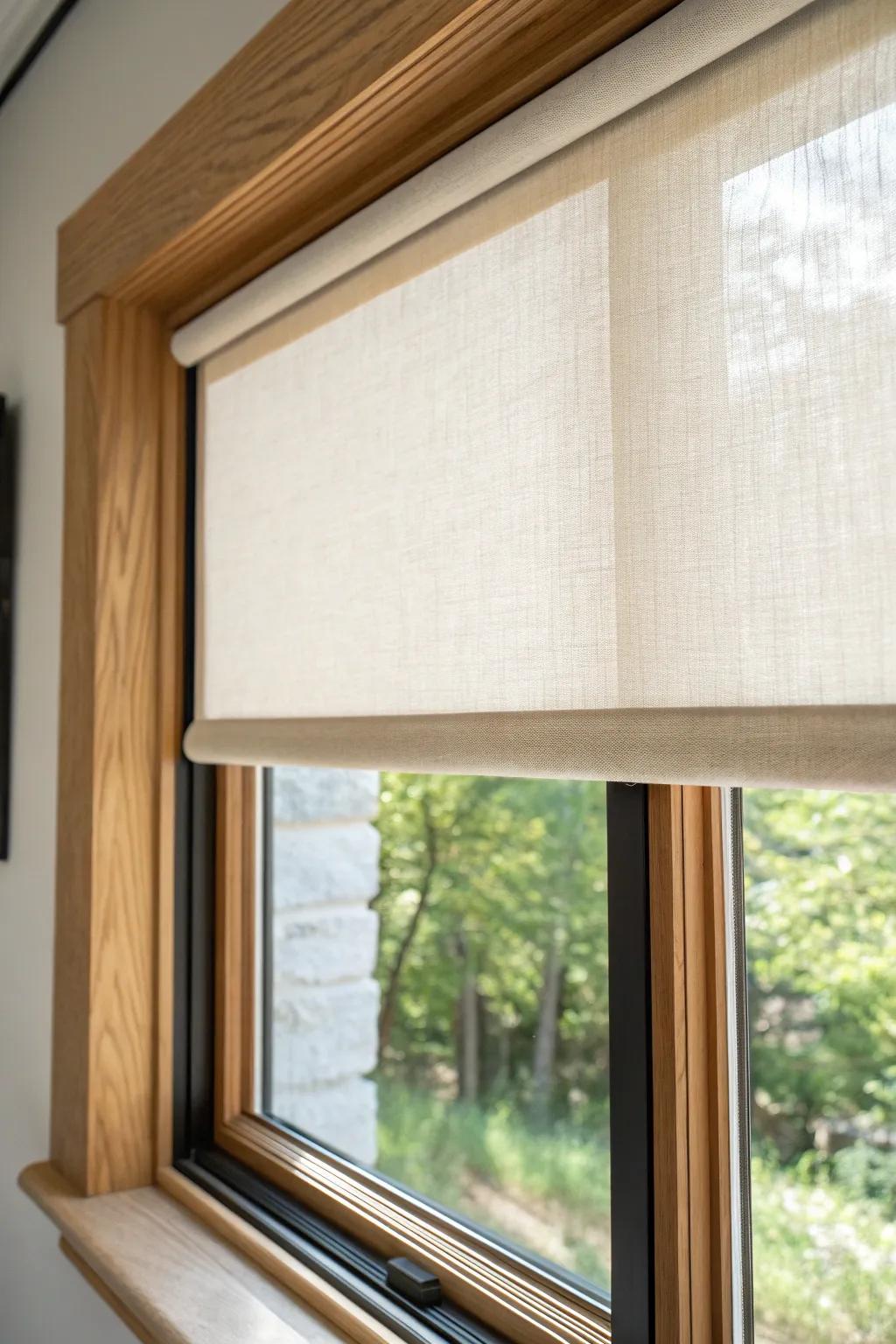 Sleek inside-mount roller shade for tight corner windows—minimal, crisp, and view-first.