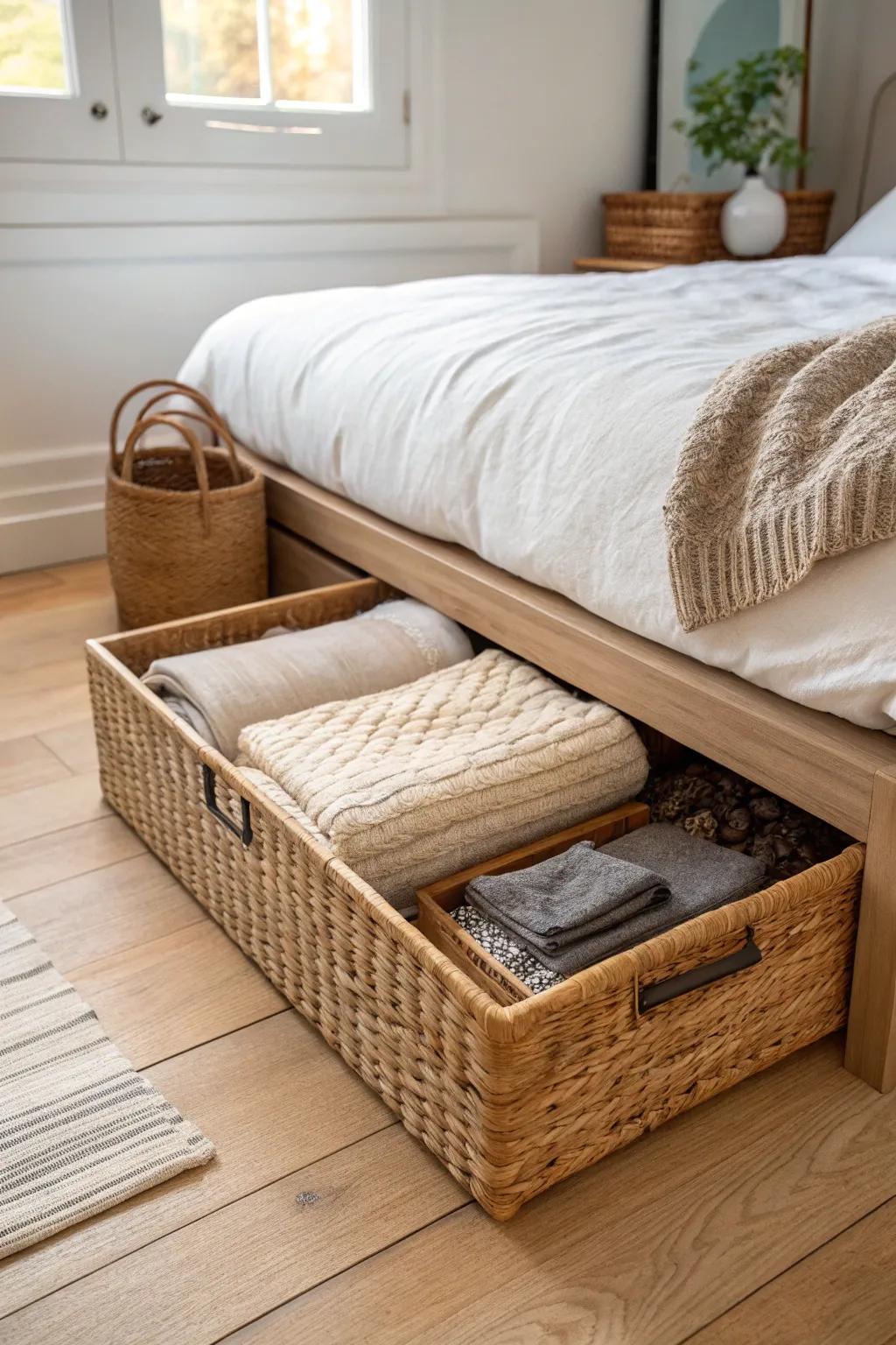 A woven under-bed basket keeps extra linens hidden—cozy, calm, and beautifully organized.