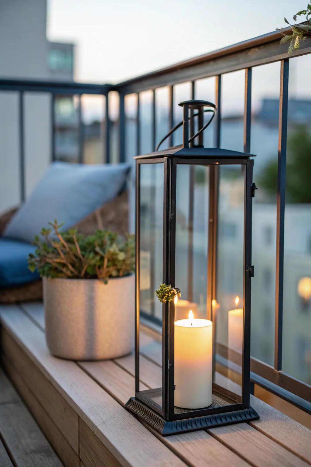 One glowing lantern turns a tiny balcony into a warm, layered nook—instant cozy vibes.