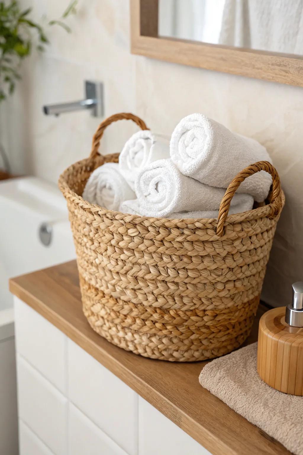Woven basket storage: warm texture, hidden essentials, and instant cozy spa vibes.