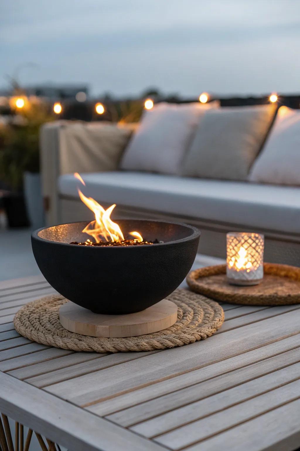 A compact tabletop fire bowl that turns a tiny deck coffee table into instant cozy.