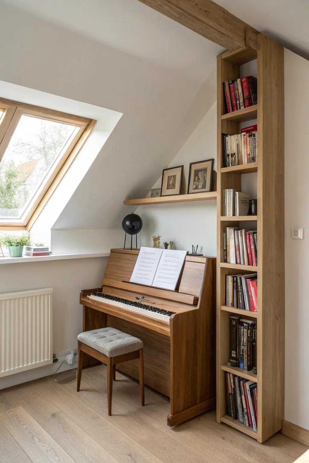 Go vertical with slim wall shelves to store sheet music and make a tiny piano room feel airy.