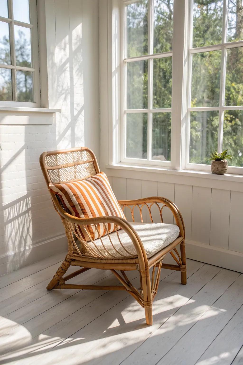 Wicker + warm wood: the easiest way to make a small sunroom feel instantly cozy and bright.