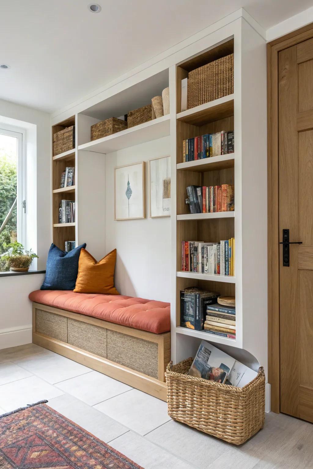 Built-in bookshelf nook: a cozy bench plus a hidden basket for blankets—perfect for small spaces.